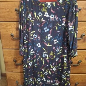 J Jill Floral 3 Quarter Length Sleeve Navy Blue Botanical Floral Print Dress MED